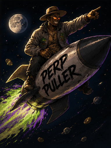 Perp Puller riding a rocket to the moon